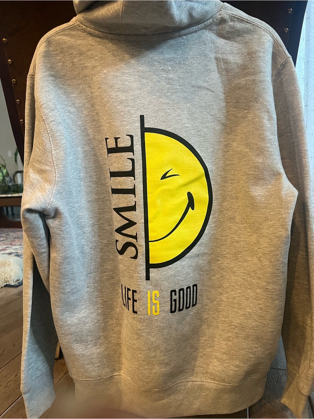 Life Is Good Grey Crewneck Sweatshirt with Yellow Smile Graphic